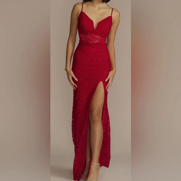 City Triangles Dresses | Red City Triangles Long Vneck Spaghetti Straps, Lace Midsection, Size 5, Nwt | Color: Red | Size: 5j | Trbdillard's Closet